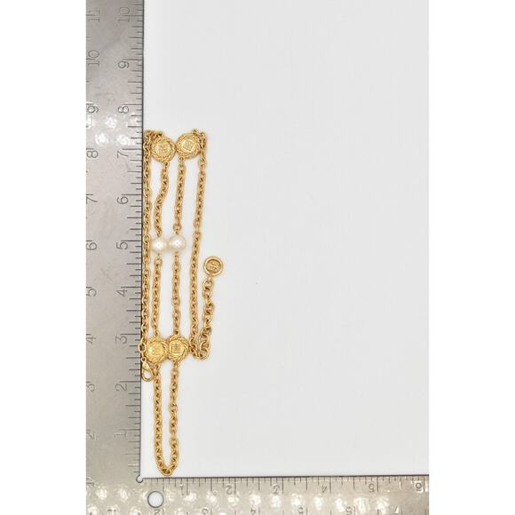 Givenchy Vintage Logo Coin Chain Necklace Station Pearl Gold Signed 1980s BinBJ
